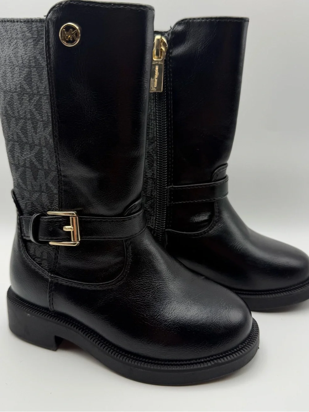 Michael Kors Kids Black Moto Boots Buckle Logo Zip Girls Size 6 NWOB Preppy Boot